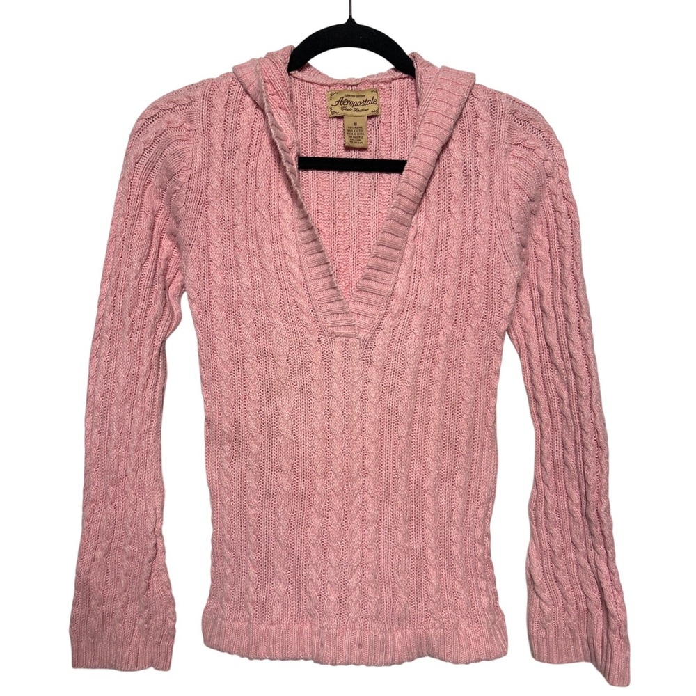 Aeropostale Vtg Womens‎ Pink Cable Knit Hooded V Neck Sweater Y2K Size Medium